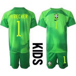 Brazil Alisson Becker #1 Golmanski Gostujuci Dres za Dječji SP 2022 Kratak Rukavima (+ kratke hlače)